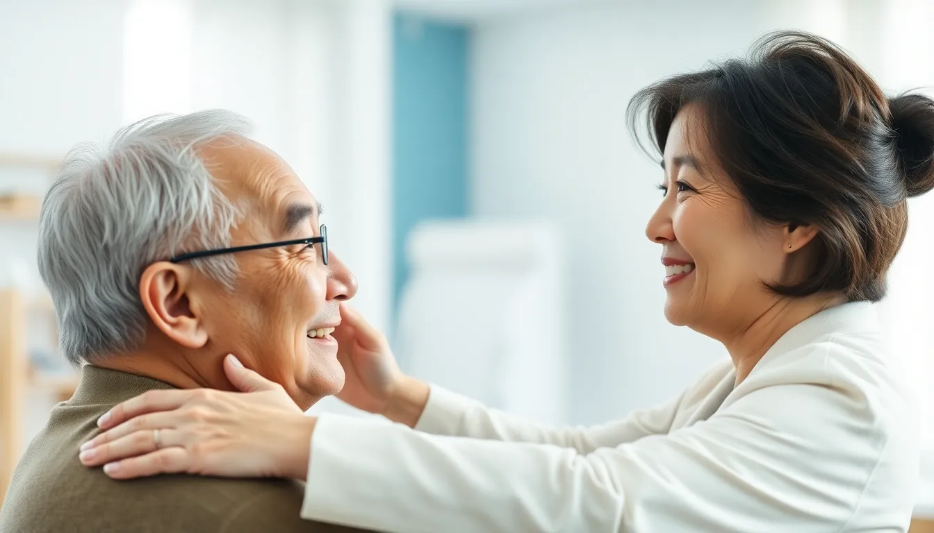 노인과 로봇이 함께 웃고 있는 모습